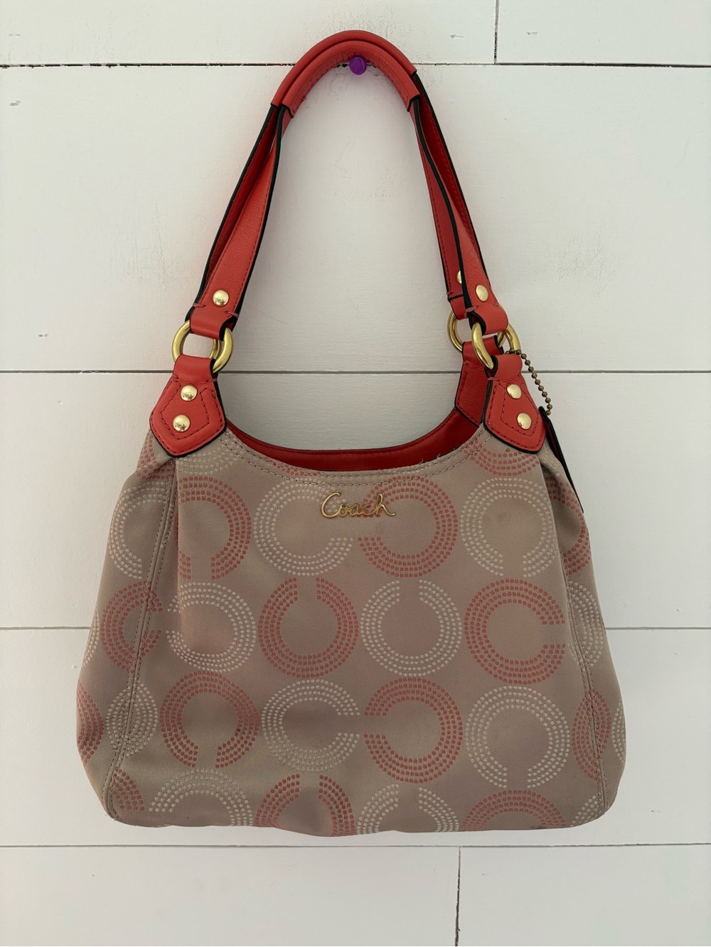 Coach Ashley Op Art Dotted Hobo F21920 Tan Coral Red Signature Bag